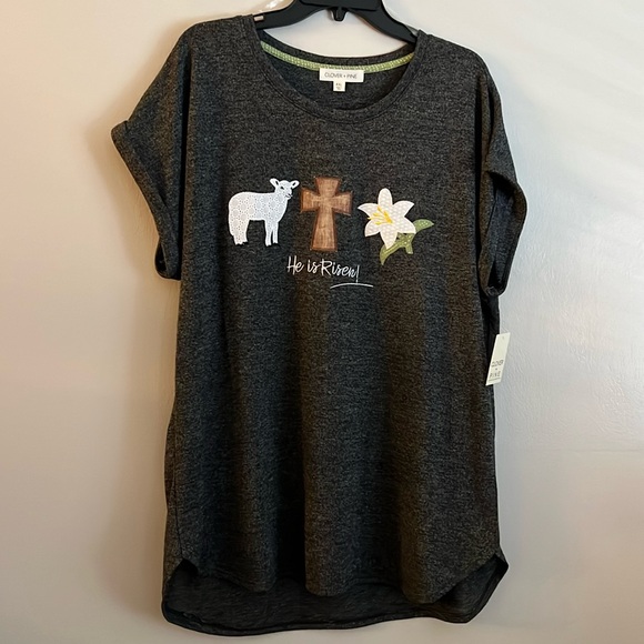HE IS RISEN Shirt * Soft & Stretchy Top size XXL Ladies Teens LAMB CROSS ORCHID - Picture 1 of 10